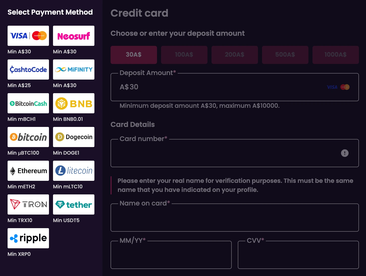 VegasNow Deposit Methods
